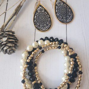 Black and Gold beaded bracelet and earring set